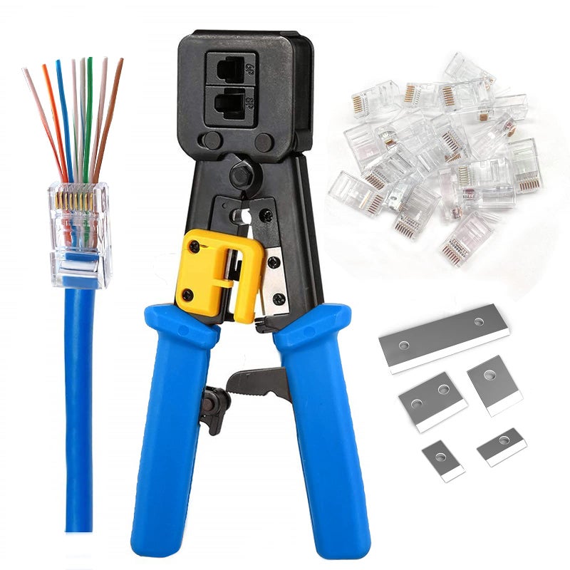 PETECHTOOL أداة تجعيد RJ45 لأداة تجعيد إيثرنت لـ Cat6 Cat5 Cat5e RJ45 تمر عبر الموصلات ونهايات RJ12 تأتي مع 20 قطعة موصلات RJ45 Cat6 وشفرة بديلة - Image 1